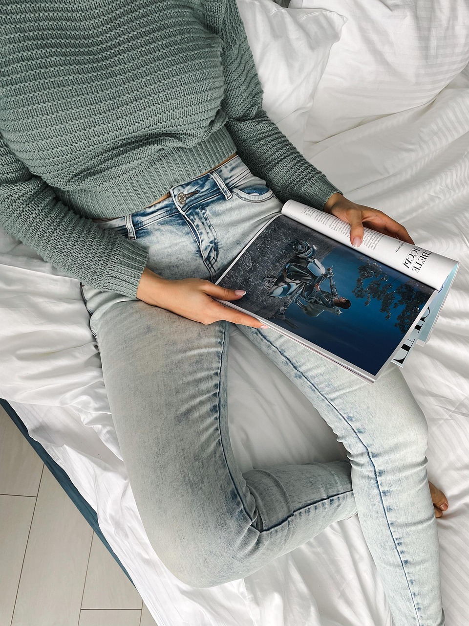 bedroom, woman, reading, magazine, relaxing, bed, leisure