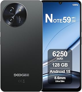 DOOGEE Note59 Smartphone 5G Android 15, 32 Go RAM + 128 Go ROM, Batterie 6250mAh, Écran 6.75 Pouces HD+ 120Hz, AI Camara 16MP, Octa-Core, Double SIM, NFC, Telephone Portable Debloqué, 2025, Noir
